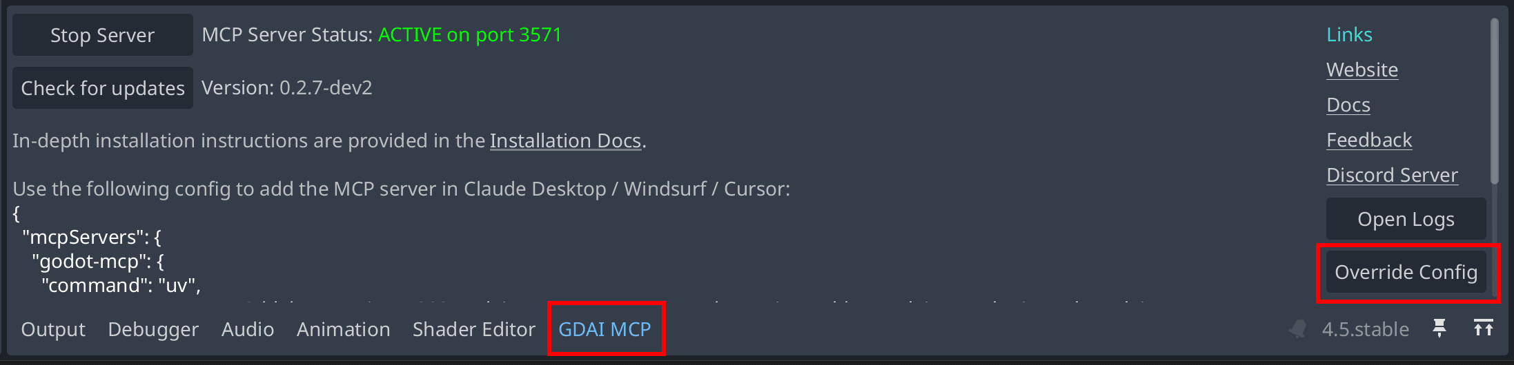 Override config screenshot