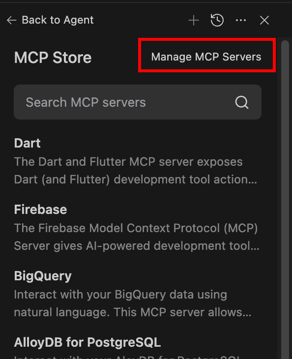 Antigravity click manage MCP servers