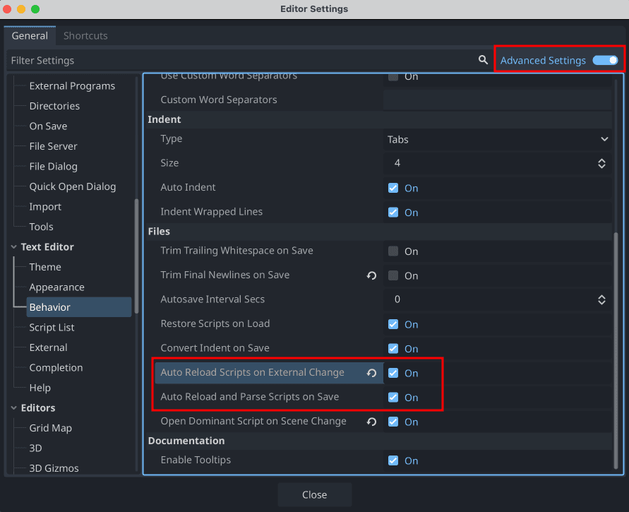 External Script Changes settings